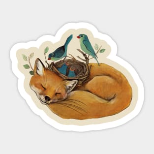 Sleeping fox and blue birds nest Sticker